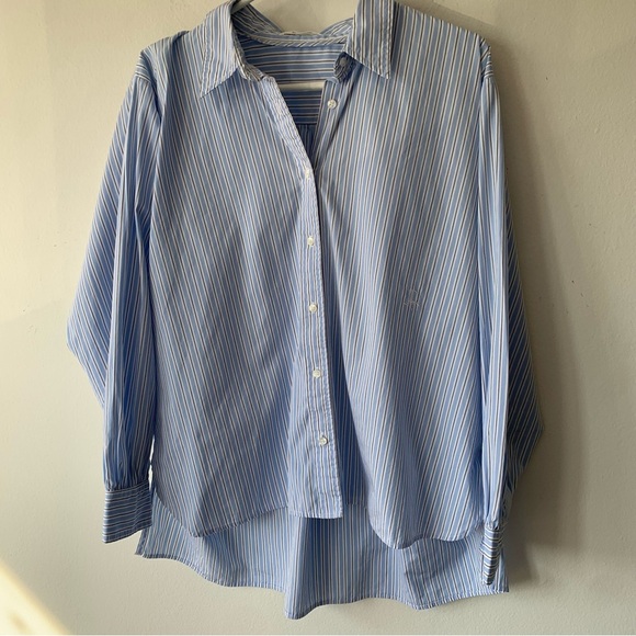 Doen Hava Cotton Oversized Button Down Shirt Blouse Top Santorini Stripe Blue - Picture 9 of 12
